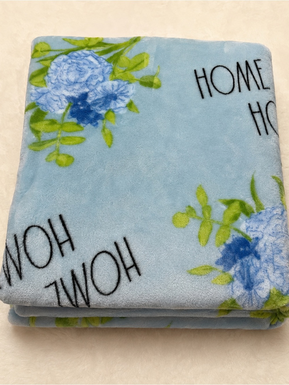 Rae Dunn Blue Floral "HOME" Plush Throw Blanket